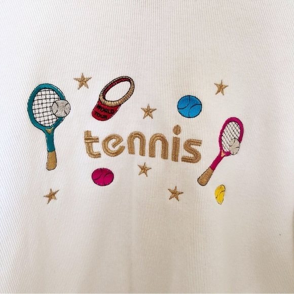 Vintage Jacket Embroidered Tennis White Gold Retro Medium - Picture 3 of 9